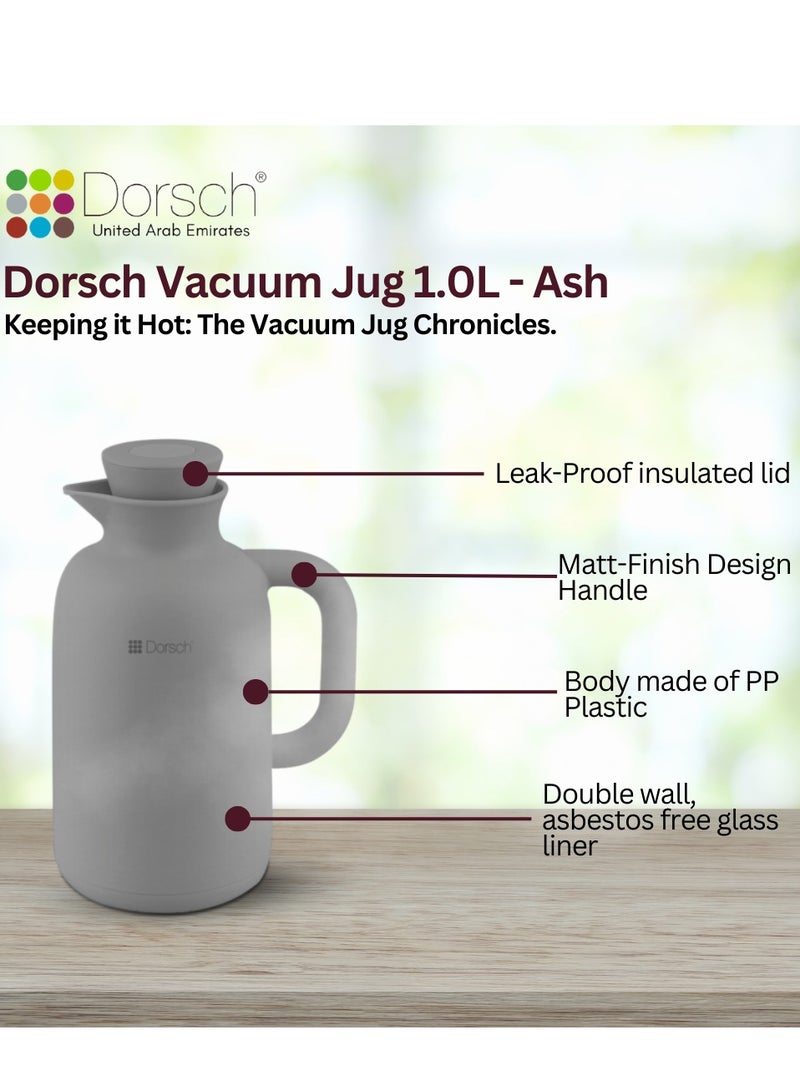 DorschHome Vacuum Jug - 1L Double-Walled Glass Liner, Insulated Rubber Handle, Leakproof Lid - Keeps Hot for 12 Hours, Cold for 24 Hours (Ash)