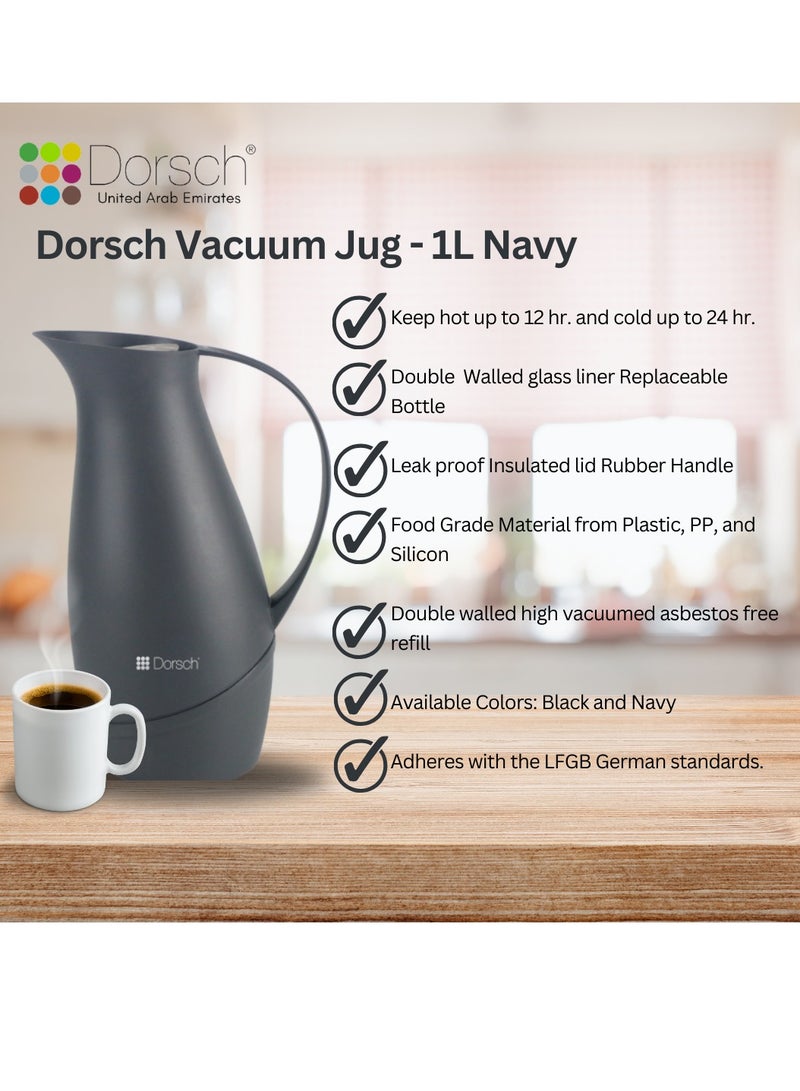 DorschHome Vacuum Jug - 1L Double-Walled Glass Liner, Insulated Rubber Handle, Leakproof Lid - Keeps Hot for 12 Hours, Cold for 24 Hours (Navy)