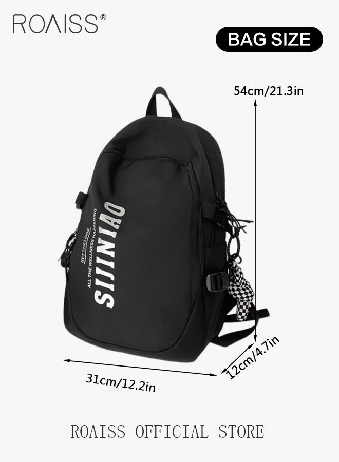 Unisex Street Trend Backpack with Pendant Premium Polyester Fabric Large Capacity Outdoor Fitness Travel Bag Letter Pattern Waterproof Scratch Resistant Schoolbag with Internal Patch Pocket