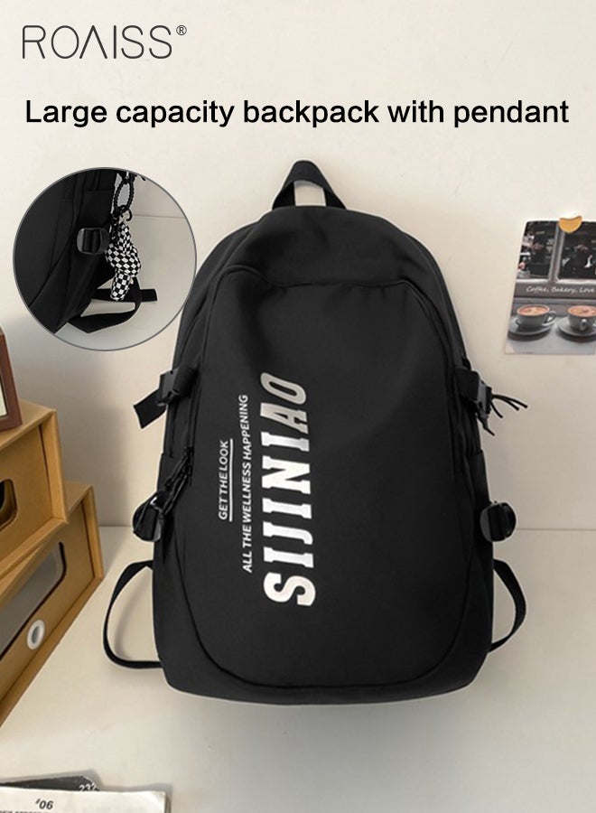 Unisex Street Trend Backpack with Pendant Premium Polyester Fabric Large Capacity Outdoor Fitness Travel Bag Letter Pattern Waterproof Scratch Resistant Schoolbag with Internal Patch Pocket