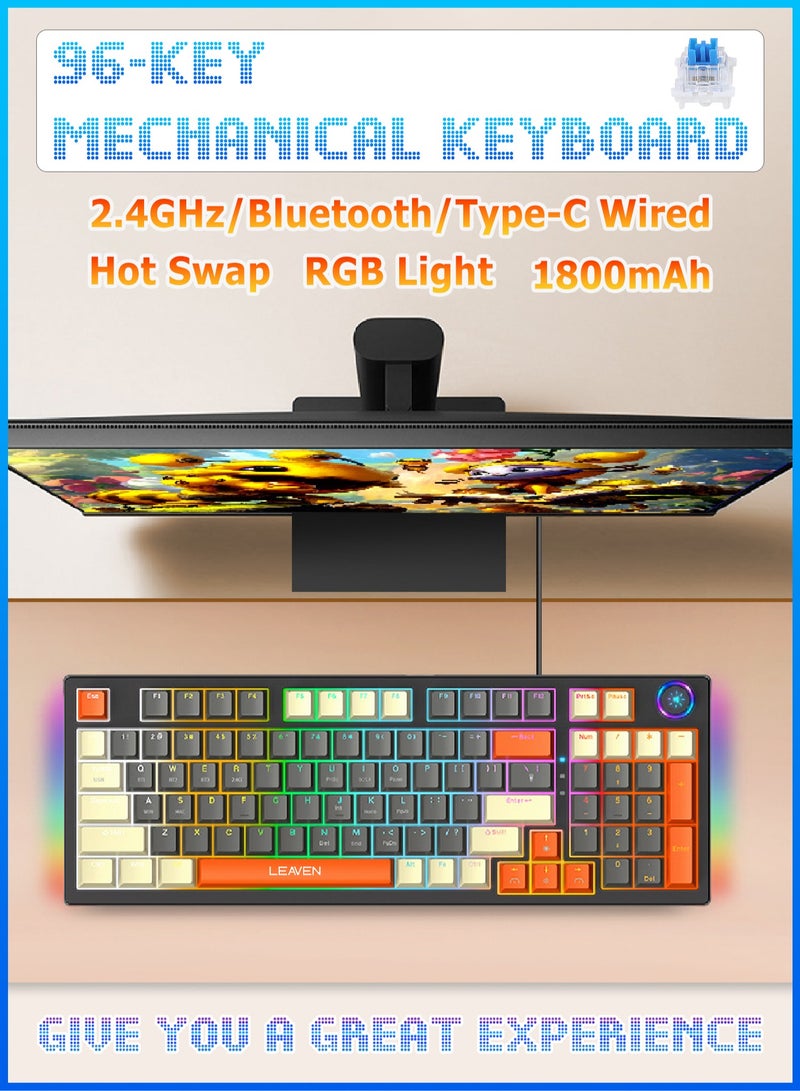 96-Key Mechanical Keyboard - Hot Swap - Blue Switch -  2.4GHz/Bluetooth/Type-C Wired - Gaming Keyboard - Office Keyboard - RGB Lighting Effect - Computer Keyboard