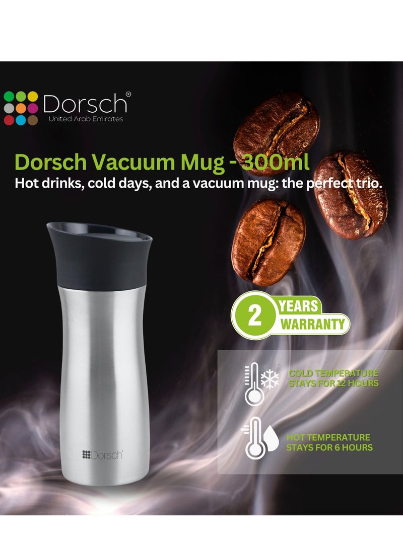 Dorsch Stainless Steel Vacuum Mug - 300ml Capacity, Double Wall Insulation, Leakproof Lid, Keeps Drinks Hot for 6 Hours, Cold for 12 Hours, Lightweight and Durable Design (Stainless Steel)