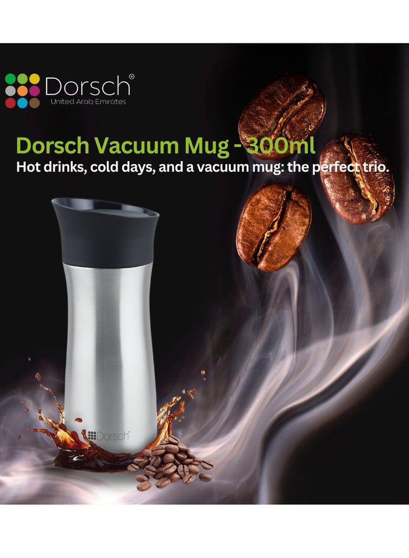 Dorsch Stainless Steel Vacuum Mug - 300ml Capacity, Double Wall Insulation, Leakproof Lid, Keeps Drinks Hot for 6 Hours, Cold for 12 Hours, Lightweight and Durable Design (Stainless Steel)