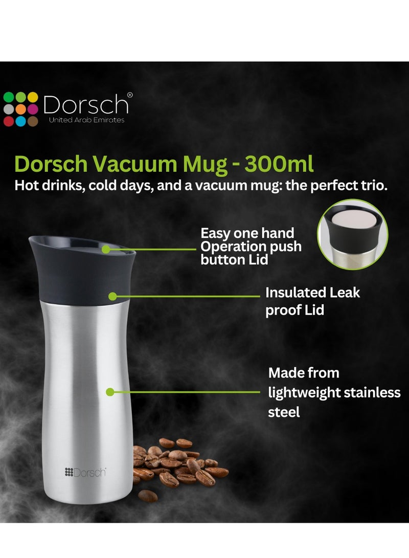 Dorsch Stainless Steel Vacuum Mug - 300ml Capacity, Double Wall Insulation, Leakproof Lid, Keeps Drinks Hot for 6 Hours, Cold for 12 Hours, Lightweight and Durable Design (Stainless Steel)