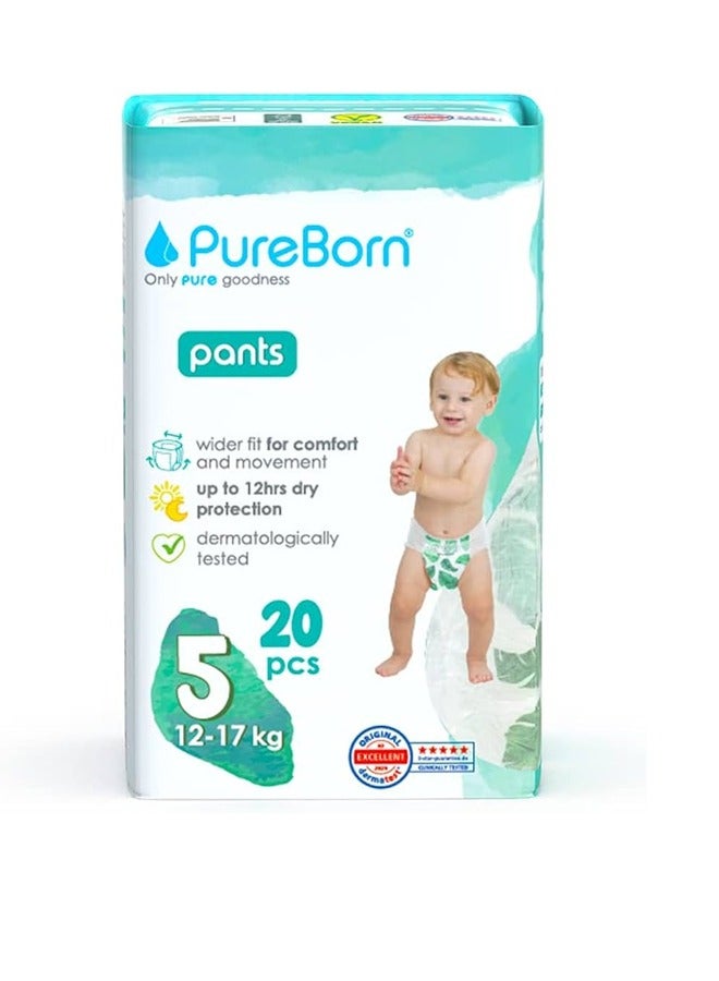 PureBorn 20pc Baby Dry Pull Up Diapers Pants Size-5, 12 to 17kg Day & Night Protection