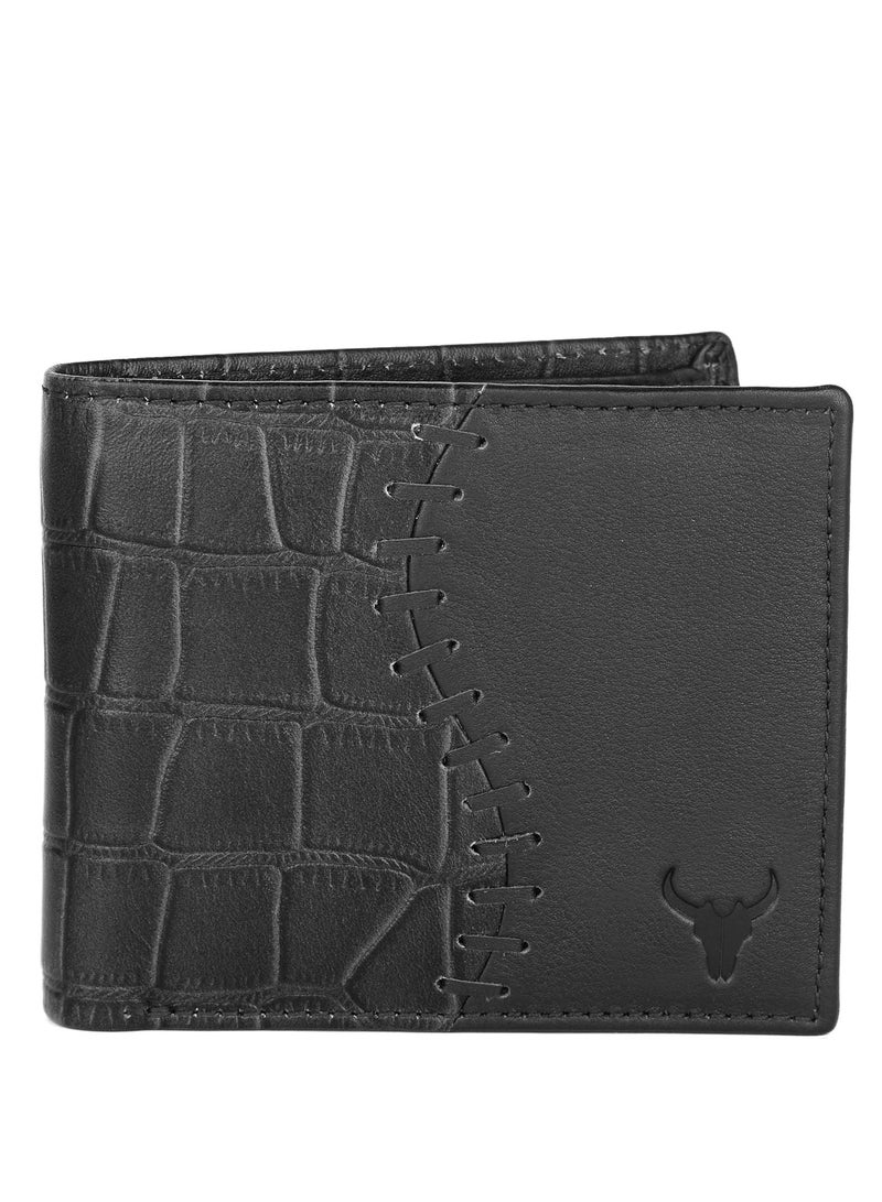 Black Leather Wallet for Men I 4 Card Slots I 2 Currency Compartments I 1 ID Window I 3 Secret Compartments I External Card Slot I 1 Coin Pocket