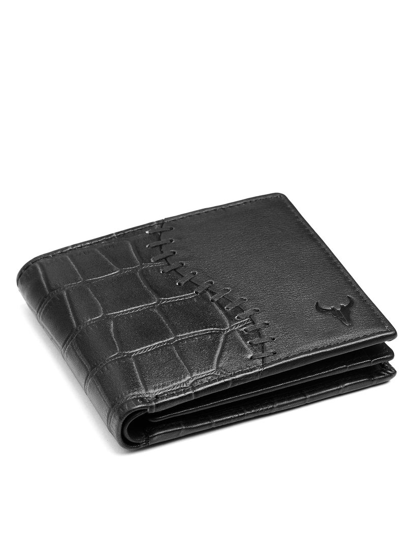 Black Leather Wallet for Men I 4 Card Slots I 2 Currency Compartments I 1 ID Window I 3 Secret Compartments I External Card Slot I 1 Coin Pocket