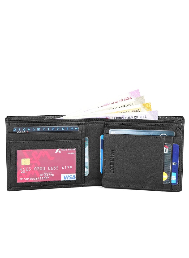 Black Leather Wallet for Men I 4 Card Slots I 2 Currency Compartments I 1 ID Window I 3 Secret Compartments I External Card Slot I 1 Coin Pocket