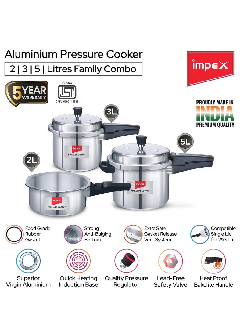 5L, 3L & 2LLiters Impex Aluminium Pressure Cooker Combo With Outer Lid Induction And Gas Stove Compatible Pressure Cooker For Healthy Cooking, 5 Years Warranty (2 Litres, 3 Litres And 5 Litres), Silver Silver