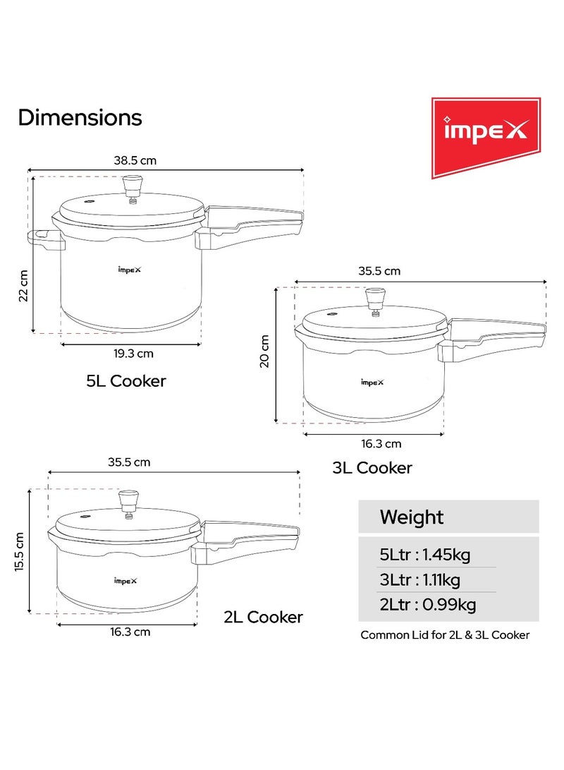 5L, 3L & 2LLiters Impex Aluminium Pressure Cooker Combo With Outer Lid Induction And Gas Stove Compatible Pressure Cooker For Healthy Cooking, 5 Years Warranty (2 Litres, 3 Litres And 5 Litres), Silver Silver