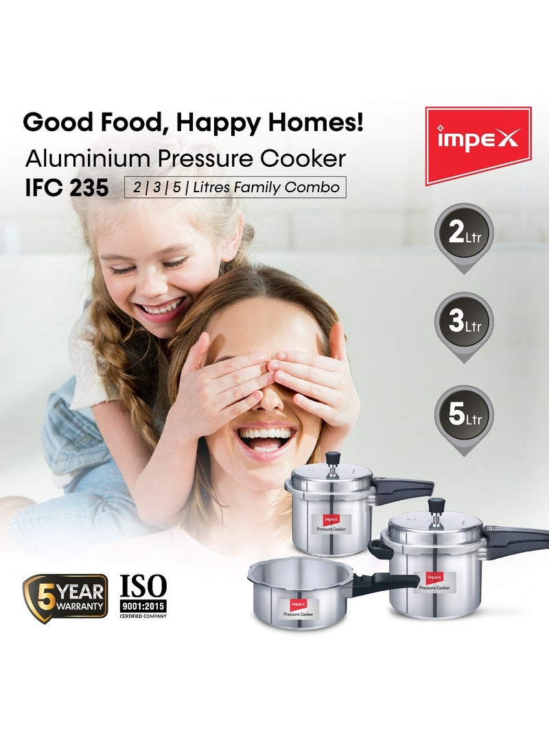 5L, 3L & 2LLiters Impex Aluminium Pressure Cooker Combo With Outer Lid Induction And Gas Stove Compatible Pressure Cooker For Healthy Cooking, 5 Years Warranty (2 Litres, 3 Litres And 5 Litres), Silver Silver