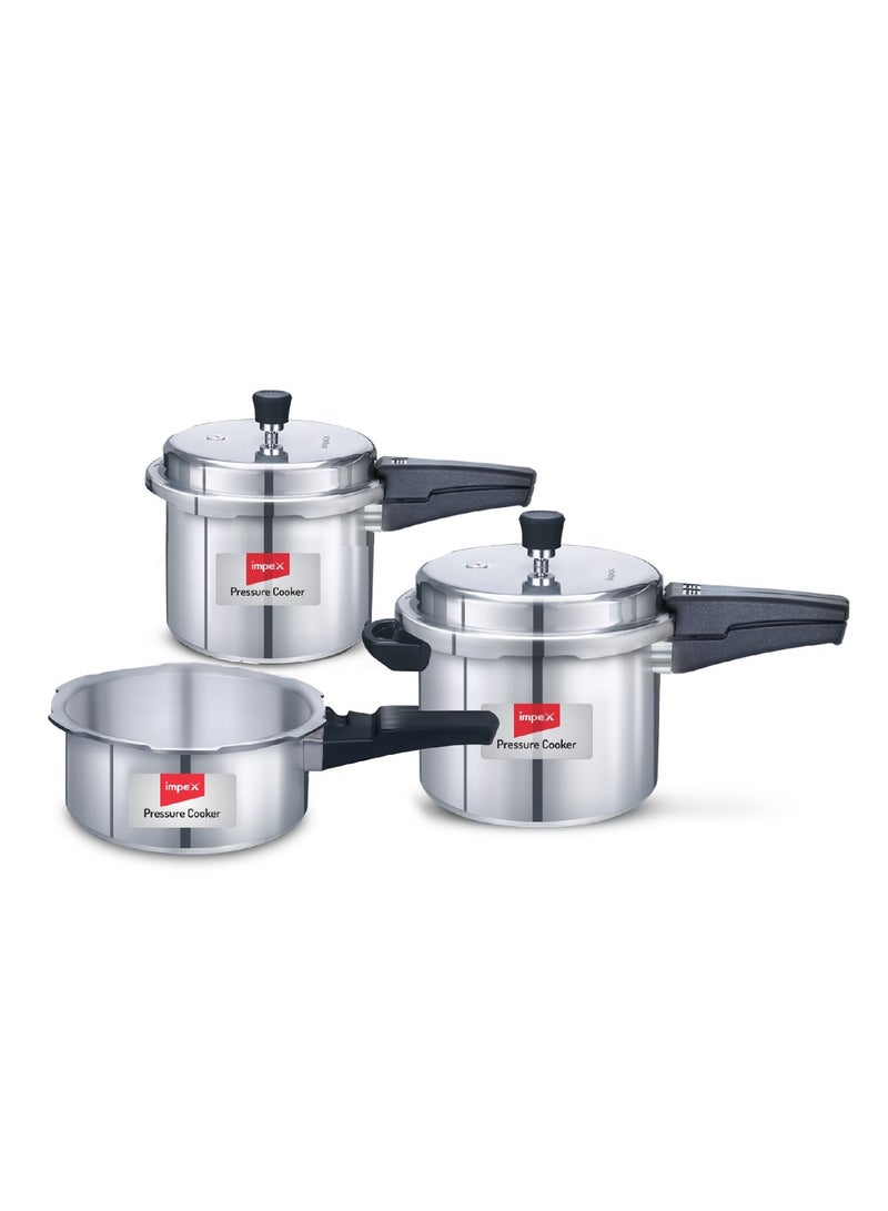 5L, 3L & 2LLiters Impex Aluminium Pressure Cooker Combo With Outer Lid Induction And Gas Stove Compatible Pressure Cooker For Healthy Cooking, 5 Years Warranty (2 Litres, 3 Litres And 5 Litres), Silver Silver