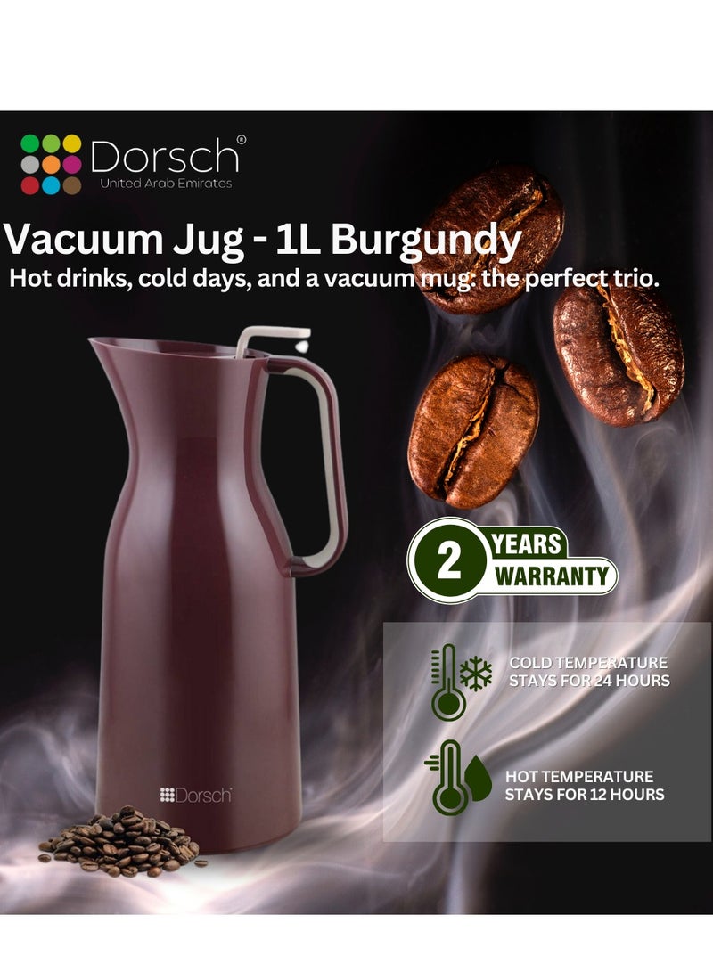 DorschHome Vacuum Jug - 1L Double-Walled Glass Liner, Insulated Rubber Handle, Leakproof Lid - Keeps Hot for 12 Hours, Cold for 24 Hours (Burgundy)