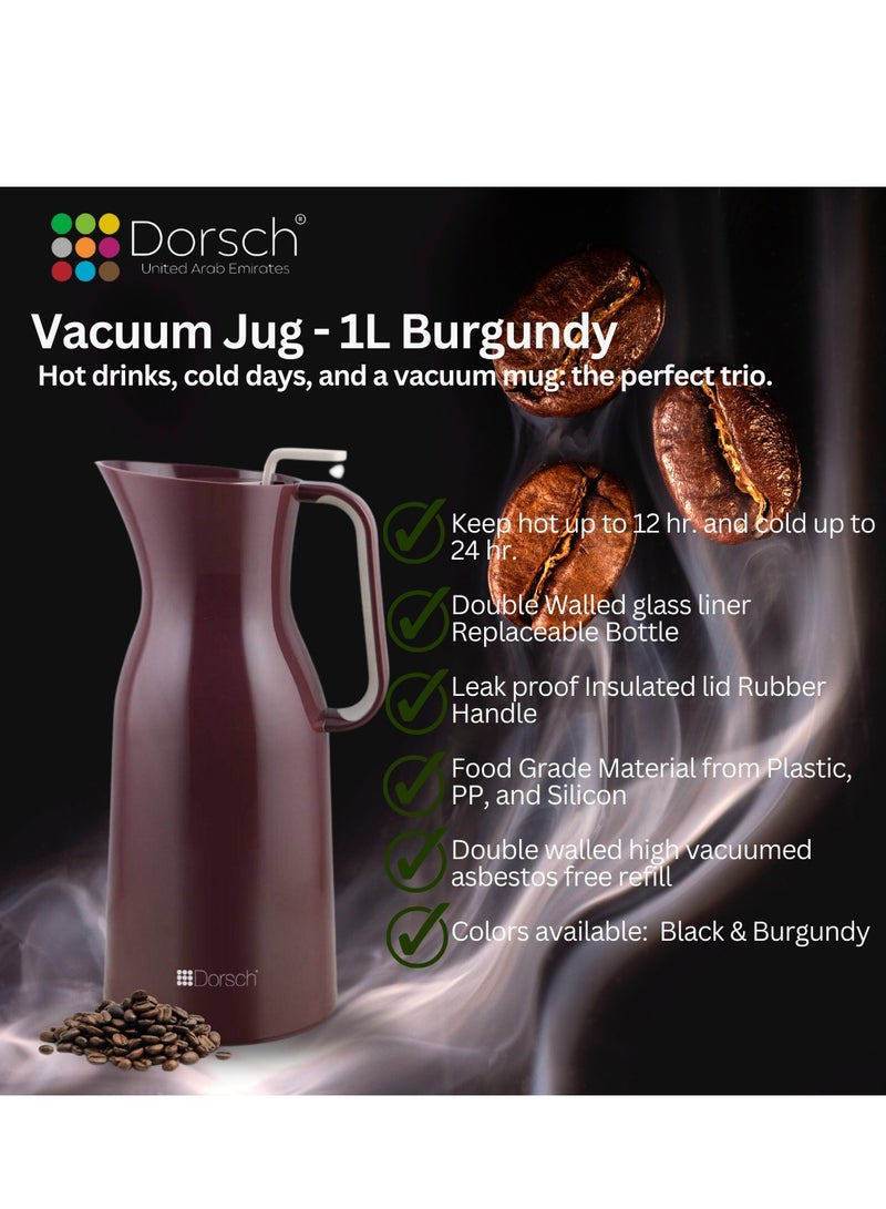 DorschHome Vacuum Jug - 1L Double-Walled Glass Liner, Insulated Rubber Handle, Leakproof Lid - Keeps Hot for 12 Hours, Cold for 24 Hours (Burgundy)