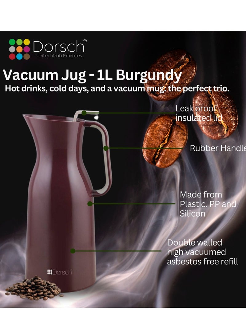 DorschHome Vacuum Jug - 1L Double-Walled Glass Liner, Insulated Rubber Handle, Leakproof Lid - Keeps Hot for 12 Hours, Cold for 24 Hours (Burgundy)