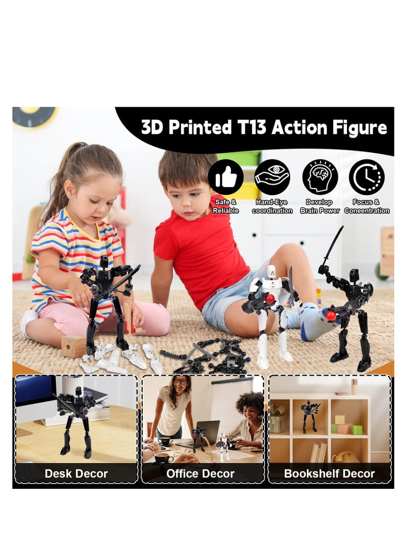 Toy Lucky 13 Action Figures, T13 Action Figure, Multi-Jointed Movable Robot Figures, 3D Printed Action Figures, Home Desktop Decorations Gifts for Game Lovers, white/black