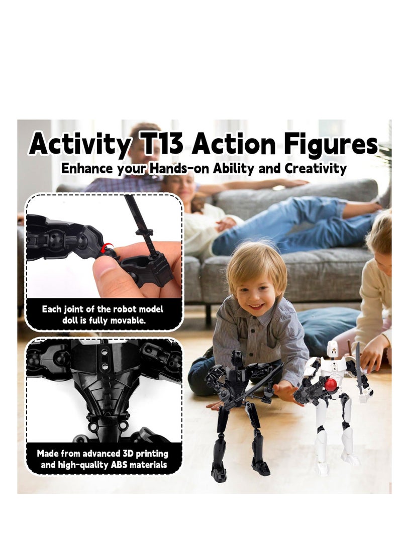 Toy Lucky 13 Action Figures, T13 Action Figure, Multi-Jointed Movable Robot Figures, 3D Printed Action Figures, Home Desktop Decorations Gifts for Game Lovers, white/black