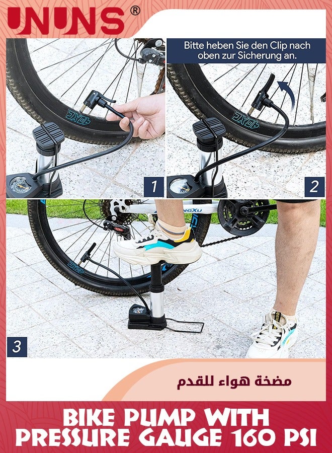 Bike Pump With Pressure Gauge,160 PSI Presta Schrader Adapter Valve,Portable Foldable Bicycle Tire Pump,Aluminum Alloy Mini Air Pump,Universal Air Pumps For Balls Basketball Motorcycles Car,Silver