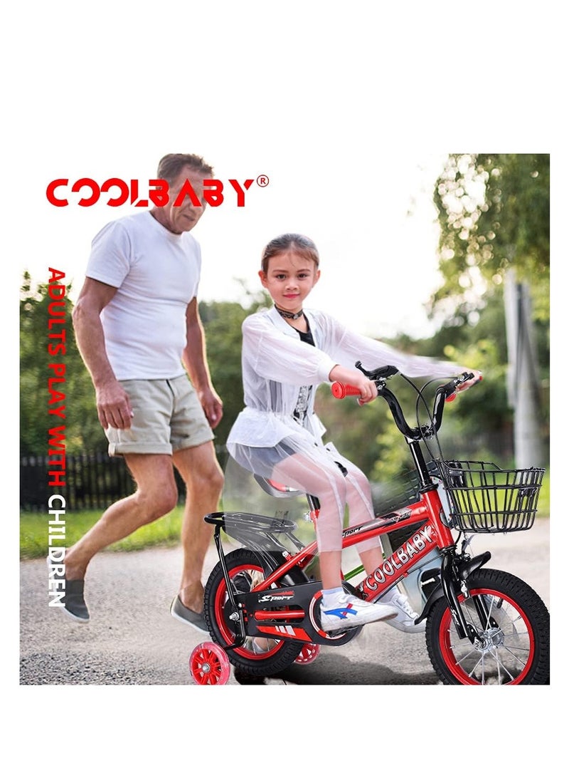 COOLBABY Kids Bike with Handbrake and Basket for Girls Ages 3-9, 12 Inch Bike with Training Wheels and Fenders, Kids Bike