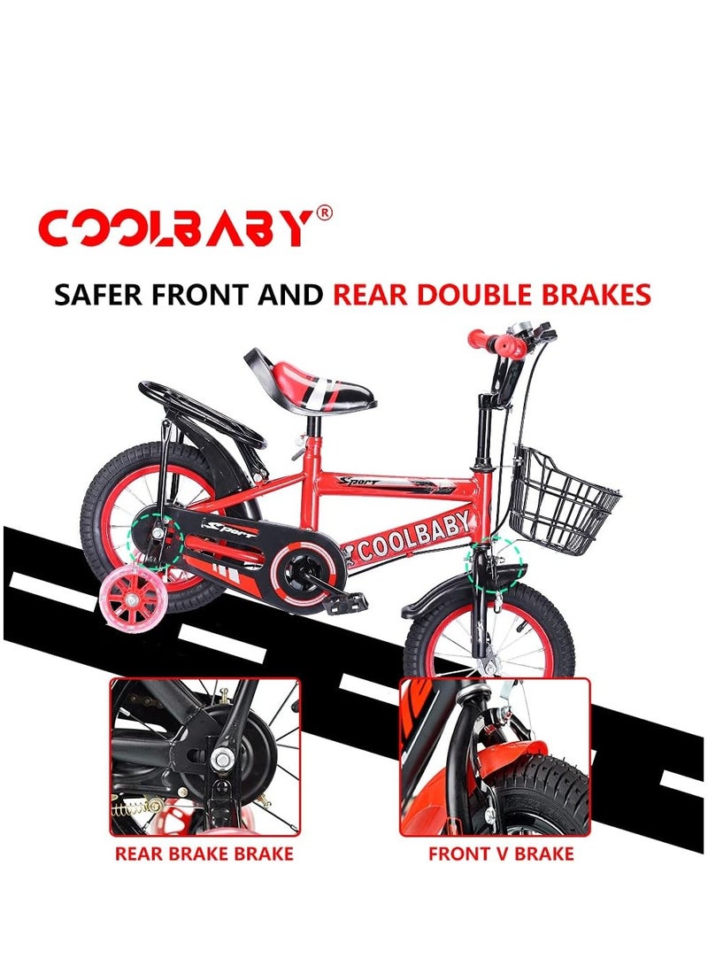 COOLBABY Kids Bike with Handbrake and Basket for Girls Ages 3-9, 12 Inch Bike with Training Wheels and Fenders, Kids Bike