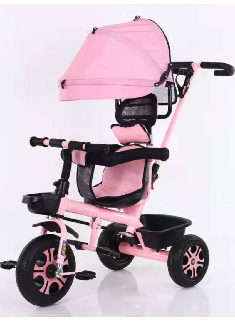 Kids Tricycle with Push Bar with Sunshade 3 Wheel Bicycle Kids Riding Tricycle Pink