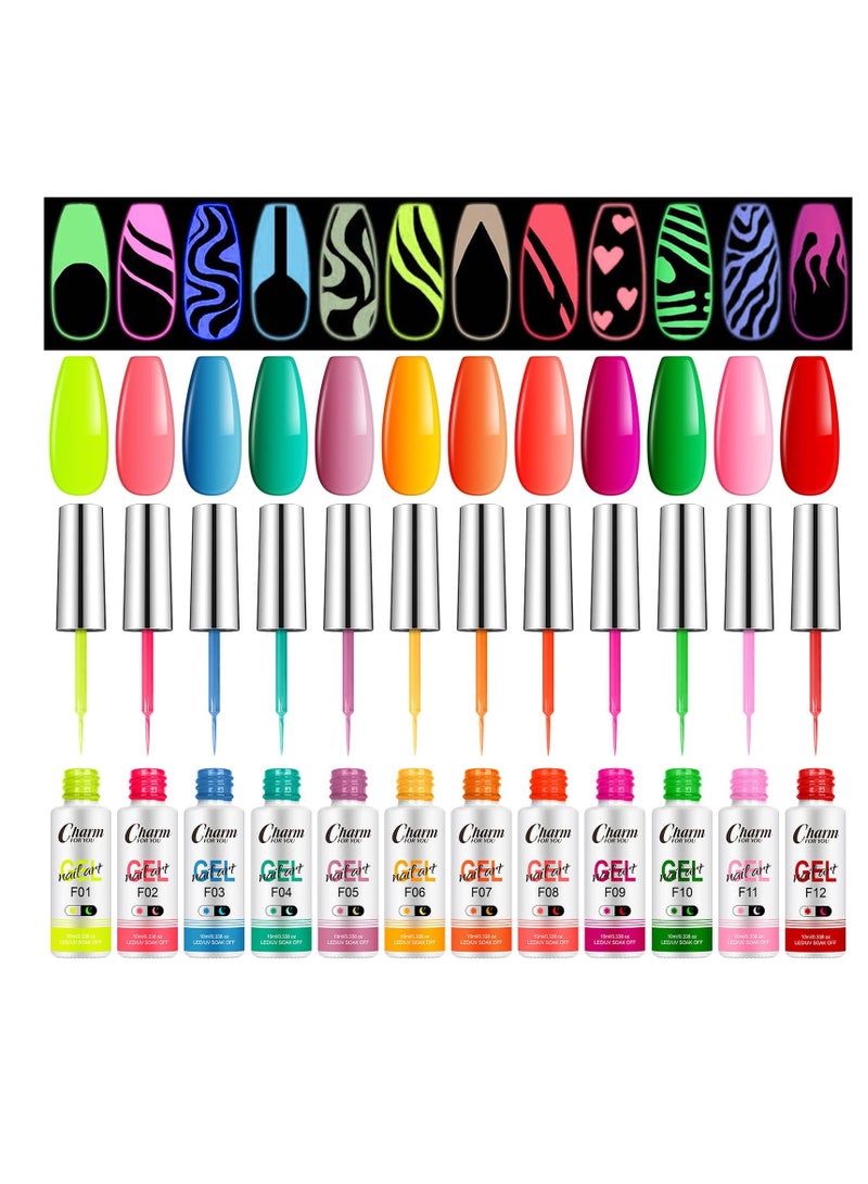 Luminous Painted Nail Gel Polish Set, Glow In Dark Gel 12 Colors, Neon Drawing Liner Nail Gel For Nail Art, UV LED Gel Liner Nail Art Polish, Nail Polish Set for Party