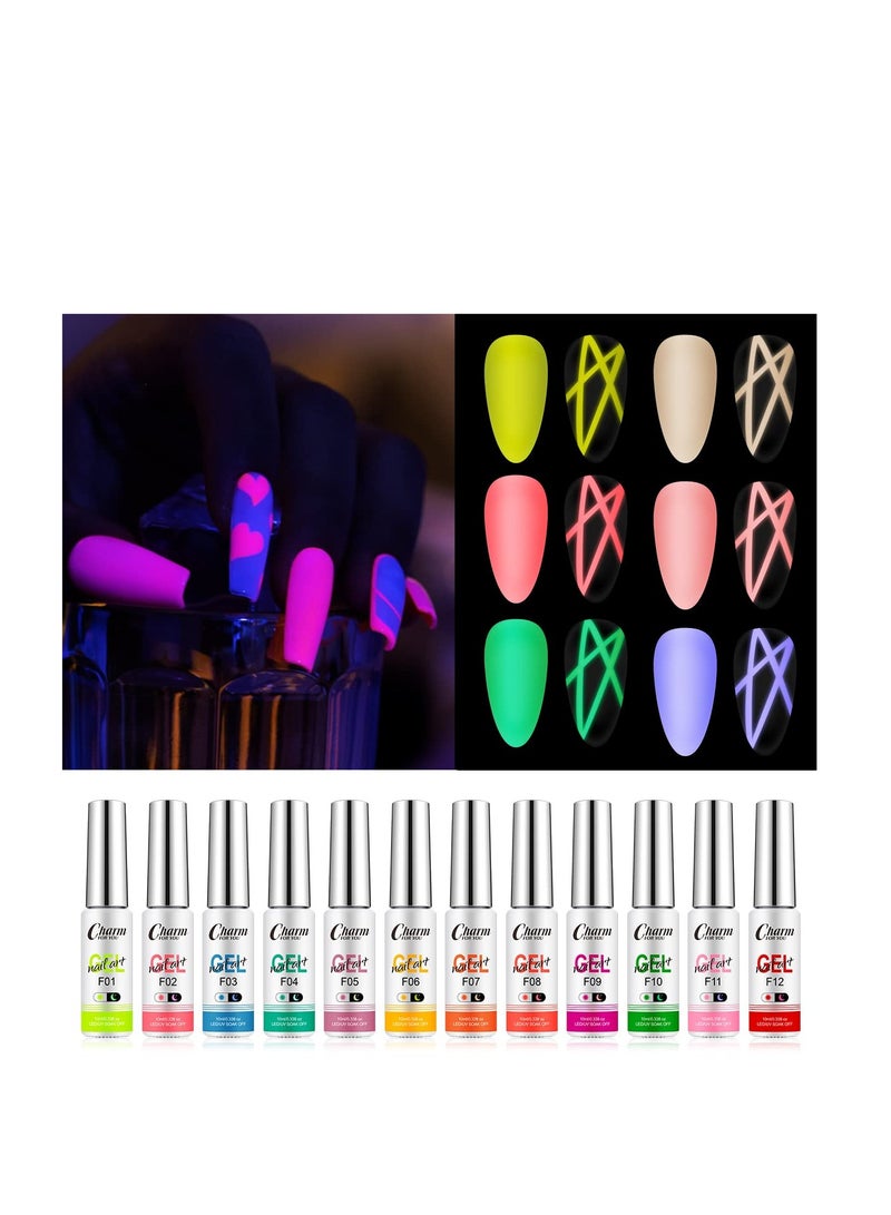 Luminous Painted Nail Gel Polish Set, Glow In Dark Gel 12 Colors, Neon Drawing Liner Nail Gel For Nail Art, UV LED Gel Liner Nail Art Polish, Nail Polish Set for Party