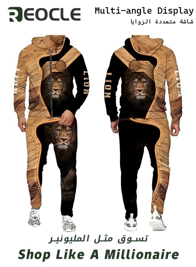 Men's 2 Pcs Hoodie Set Sweatshirt Suit 3D Printed Long Sleeve Hoodie with Zipper Trackpant Casual Suit