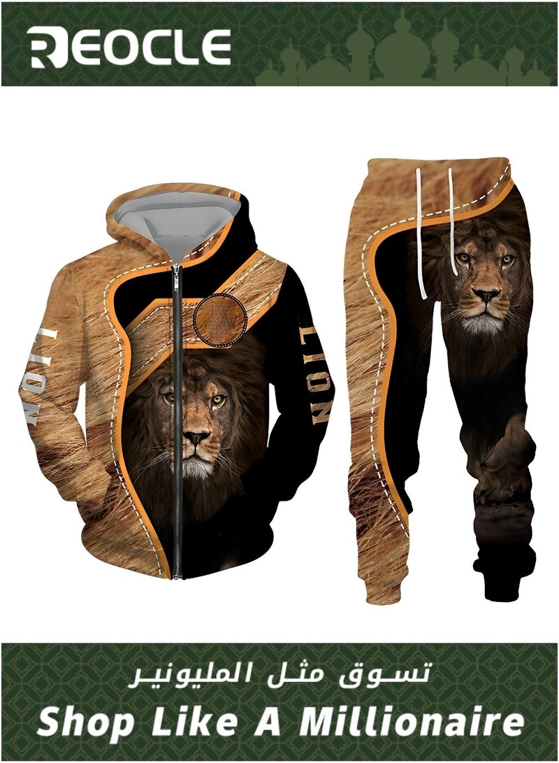 Men's 2 Pcs Hoodie Set Sweatshirt Suit 3D Printed Long Sleeve Hoodie with Zipper Trackpant Casual Suit