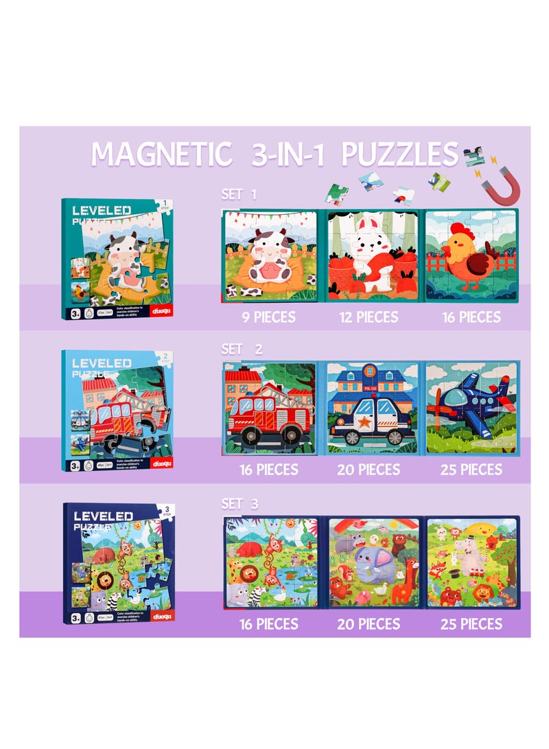 Magnetic Puzzles for Kids Ages 3-5, Toddler 3 in 1 Animals Car Activities Jigsaw Puzzle Book, Montessori Preschool Learning Toy, 3-Set Travel Toys for Road Trip for 4-8 Boys and Girls