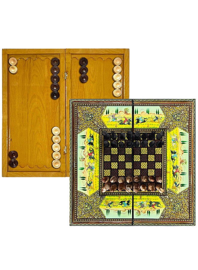 Handmade Persian Khatam Chess Set with Backgammon and Marble Stone Pieces – A Timeless Masterpiece Yellow