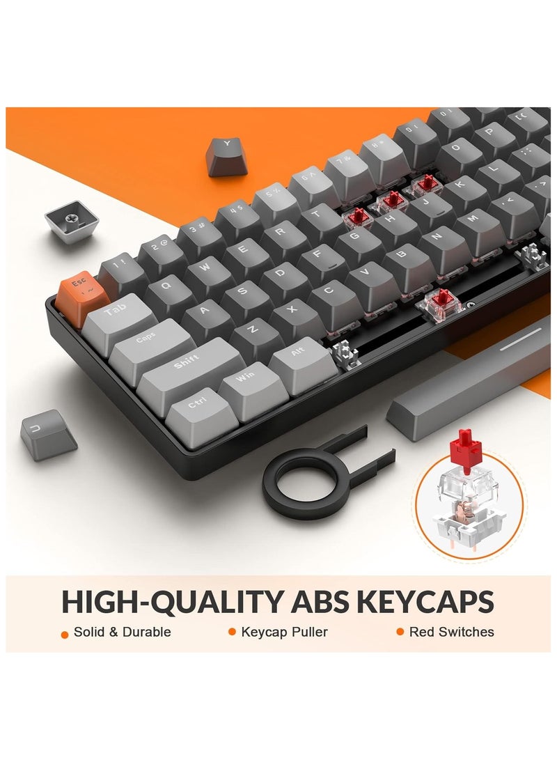 K68 Wireless Mechanical Keyboard, Bluetooth 5.0/2.4G 68-Key Hot Swappable Professional Keyboard with Keycap Puller, Red Switch for Mac Windows Business Grey