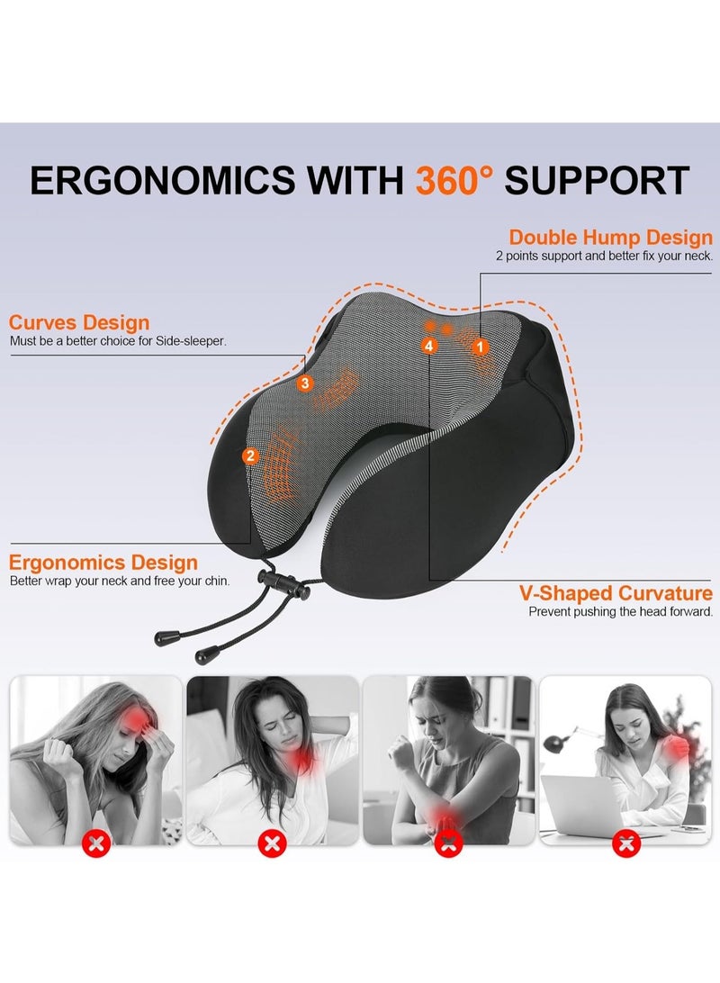 Neck Pillow for Travel, Memory Foam Travel with Hood, Adult Airplane Head Rest Support, Portable Office Cars Trains Long Flights Sleeping (Black)