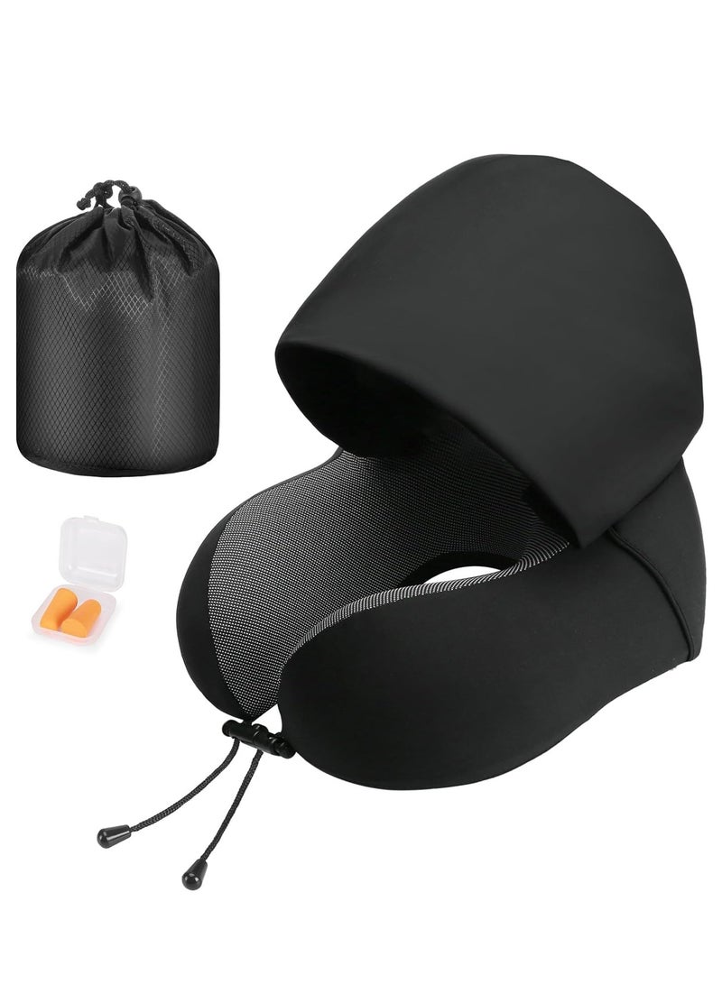 Neck Pillow for Travel, Memory Foam Travel with Hood, Adult Airplane Head Rest Support, Portable Office Cars Trains Long Flights Sleeping (Black)