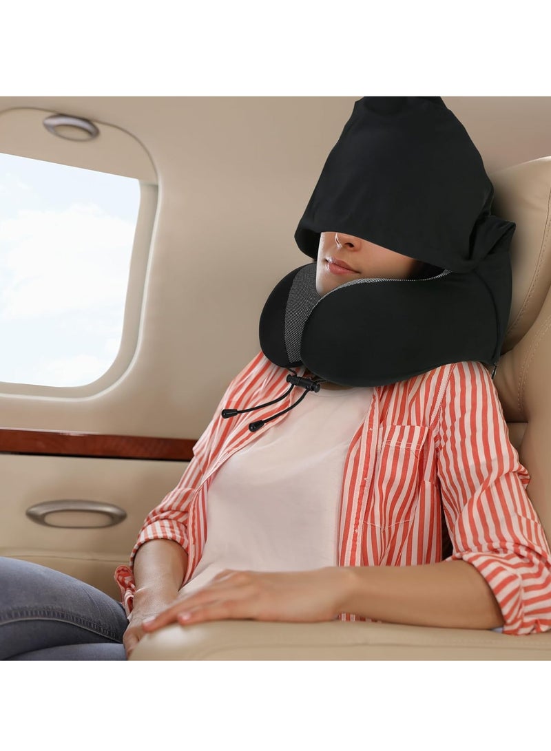 Neck Pillow for Travel, Memory Foam Travel with Hood, Adult Airplane Head Rest Support, Portable Office Cars Trains Long Flights Sleeping (Black)