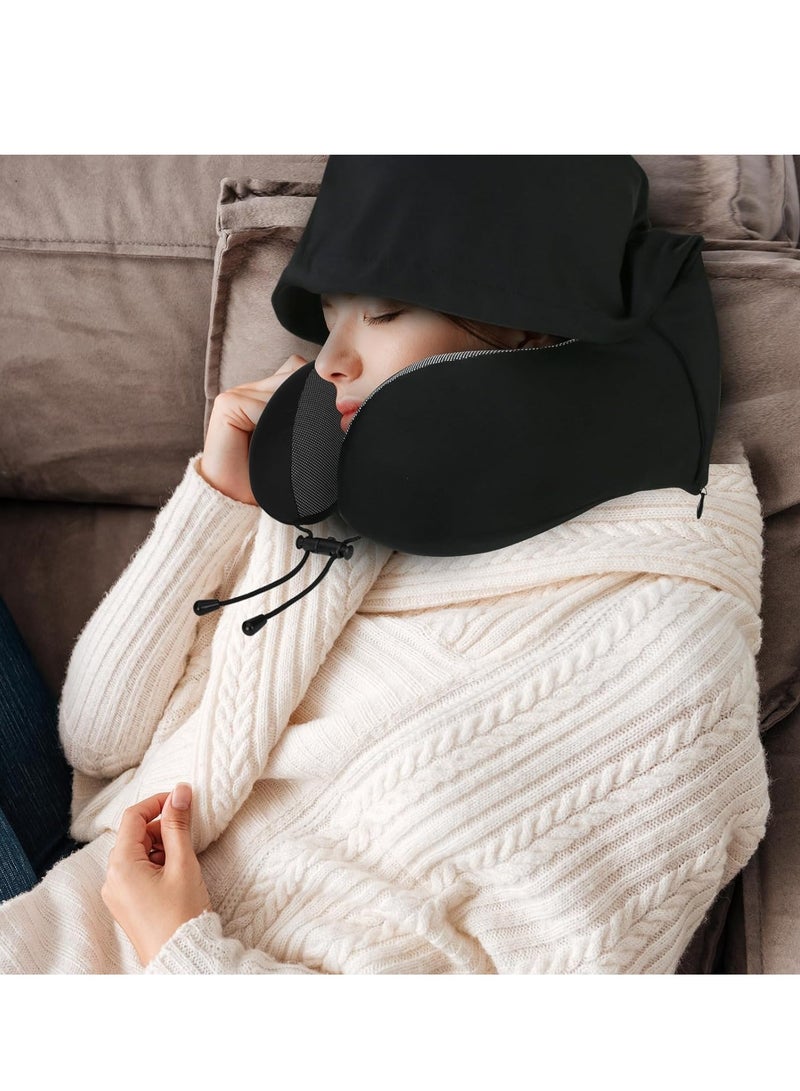 Neck Pillow for Travel, Memory Foam Travel with Hood, Adult Airplane Head Rest Support, Portable Office Cars Trains Long Flights Sleeping (Black)