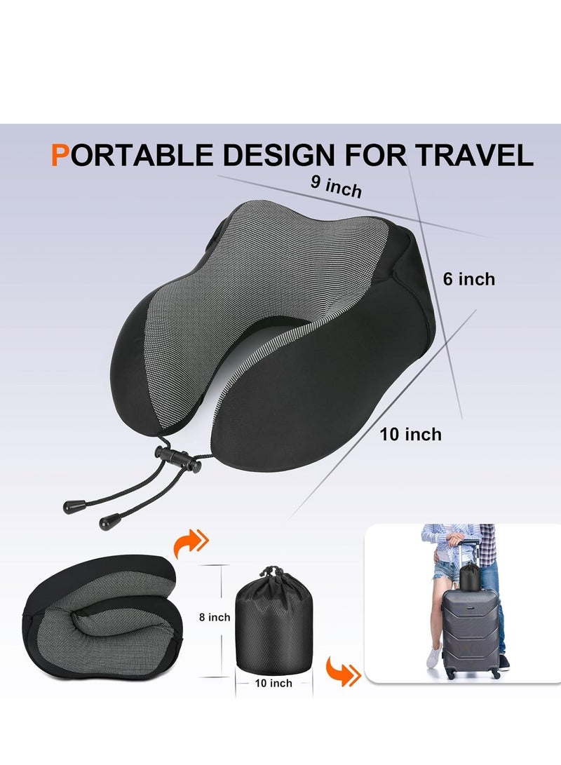 Neck Pillow for Travel, Memory Foam Travel with Hood, Adult Airplane Head Rest Support, Portable Office Cars Trains Long Flights Sleeping (Black)