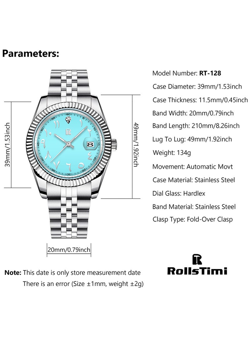 Men's Watches 39mm Automatic Stainless Steel Mechanical Wrist Watch for Men, Arabic Numerals Dial, Screw-in Crown, Auto Date