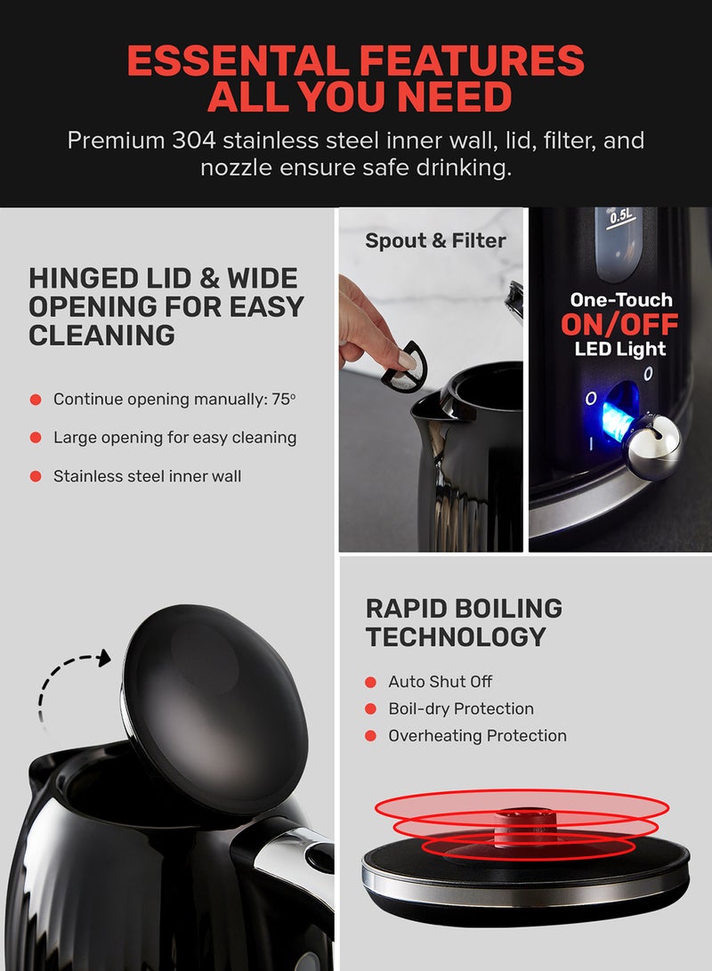 1.7 L Fluted Jug Kettle 360-Degrees Rotation, Boil Dry Protection and Automatic Cut-Off/ Perfect for Boiling Water, Milk, Tea/ Removable and Washable Filter 1.7 L 3000 W GK38068UK-BK Black