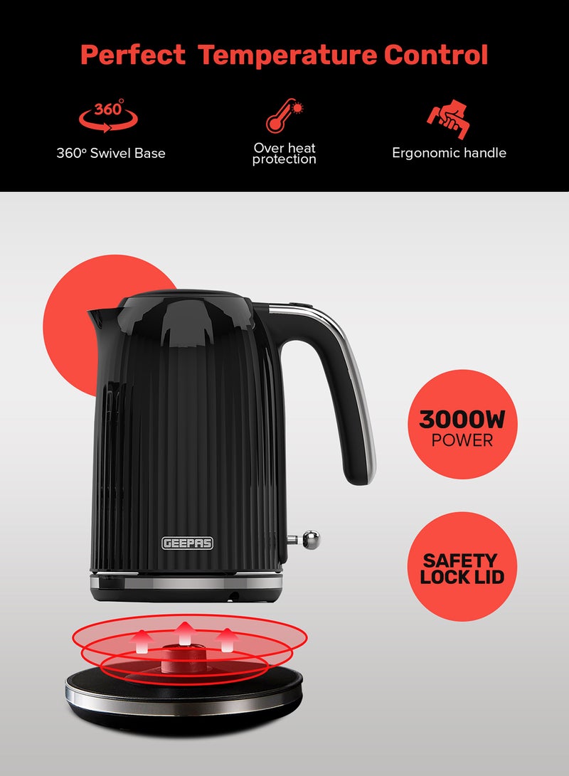 1.7 L Fluted Jug Kettle 360-Degrees Rotation, Boil Dry Protection and Automatic Cut-Off/ Perfect for Boiling Water, Milk, Tea/ Removable and Washable Filter 1.7 L 3000 W GK38068UK-BK Black