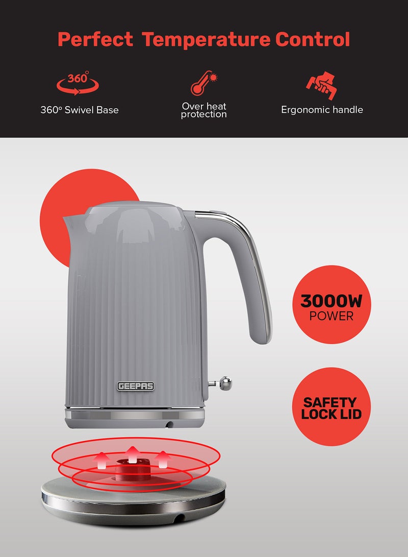 Fluted Jug Kettle- GK38068UK-GR/ 360-Degrees Rotation, Boil Dry Protection and Automatic Cut-Off/ Perfect for Boiling Water, Milk, Tea/ Removable and Washable Filter/ 2 Years Warranty 1.7 L 3000 W GK38068UK-GR Grey