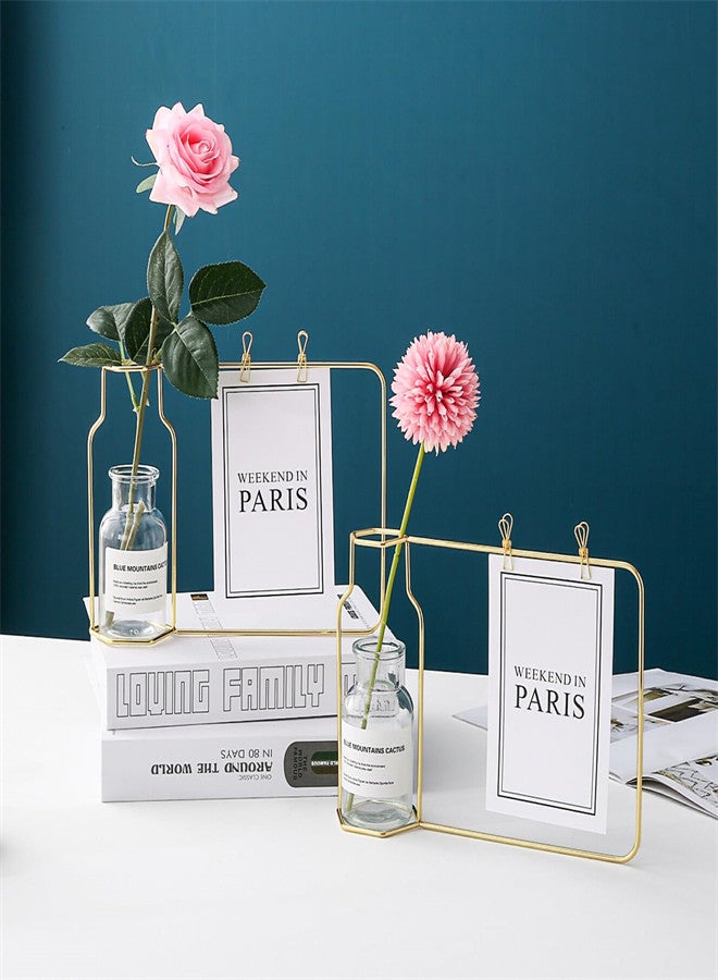 2 Pcs Glass Flower Vase with Gold Metal Photo Frame, Metal Frame Flower Vases Clear Hydroponic Plant Vases for Living Room Bedroom Modern Minimalist Classic Creative Home Office Decoration