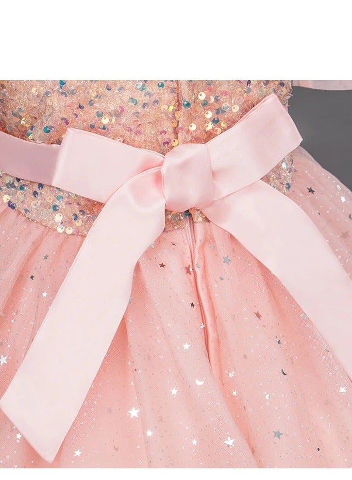 Girls Party Dresses Pink White red Longuette Performance Costume Wedding Activity Dress Host Clothing Princess Long Skirt Summer