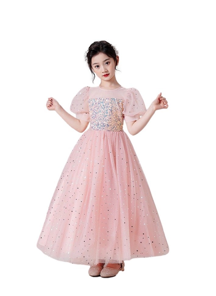 Girls Party Dresses Pink White red Longuette Performance Costume Wedding Activity Dress Host Clothing Princess Long Skirt Summer