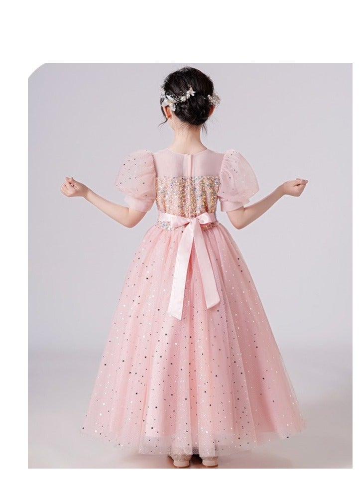 Girls Party Dresses Pink White red Longuette Performance Costume Wedding Activity Dress Host Clothing Princess Long Skirt Summer