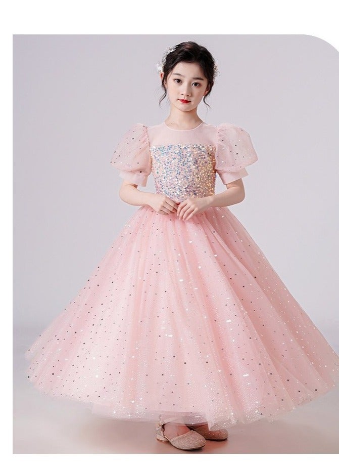 Girls Party Dresses Pink White red Longuette Performance Costume Wedding Activity Dress Host Clothing Princess Long Skirt Summer