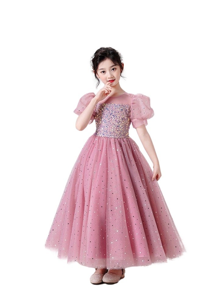 Girls Party Dresses Pink White red Longuette Performance Costume Wedding Activity Dress Host Clothing Princess Long Skirt Summer