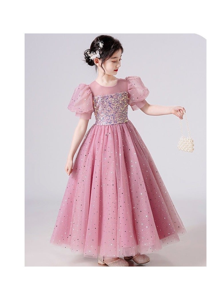 Girls Party Dresses Pink White red Longuette Performance Costume Wedding Activity Dress Host Clothing Princess Long Skirt Summer