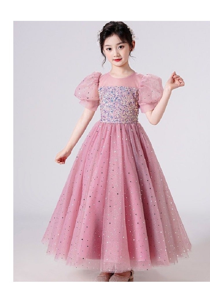 Girls Party Dresses Pink White red Longuette Performance Costume Wedding Activity Dress Host Clothing Princess Long Skirt Summer