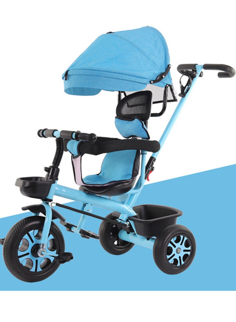 Kids Tricycle with Push Bar with Sunshade 3 Wheel Bicycle Kids Riding Tricycle Blue